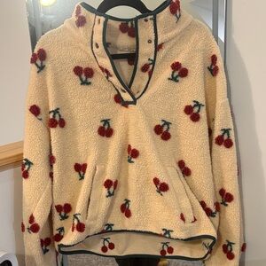 Cream Sherpa Pullover with Red Cherry Motif